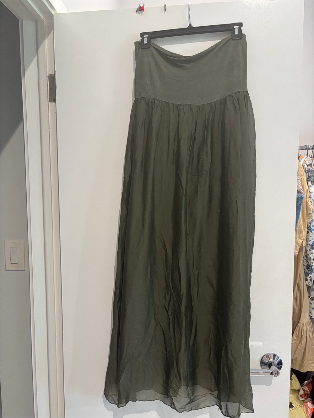 Flowing Olive Maxi Skirt with Gathered Waist made in Italy